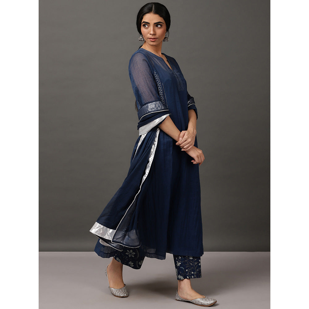 Nuhh Blue Kalidaar Kurta With Cotton Came & Indigo Printed Pant With Dupatta (Set of 4)