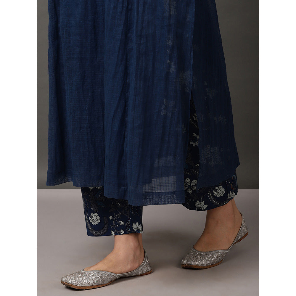 Nuhh Blue Kalidaar Kurta With Cotton Came & Indigo Printed Pant With Dupatta (Set of 4)