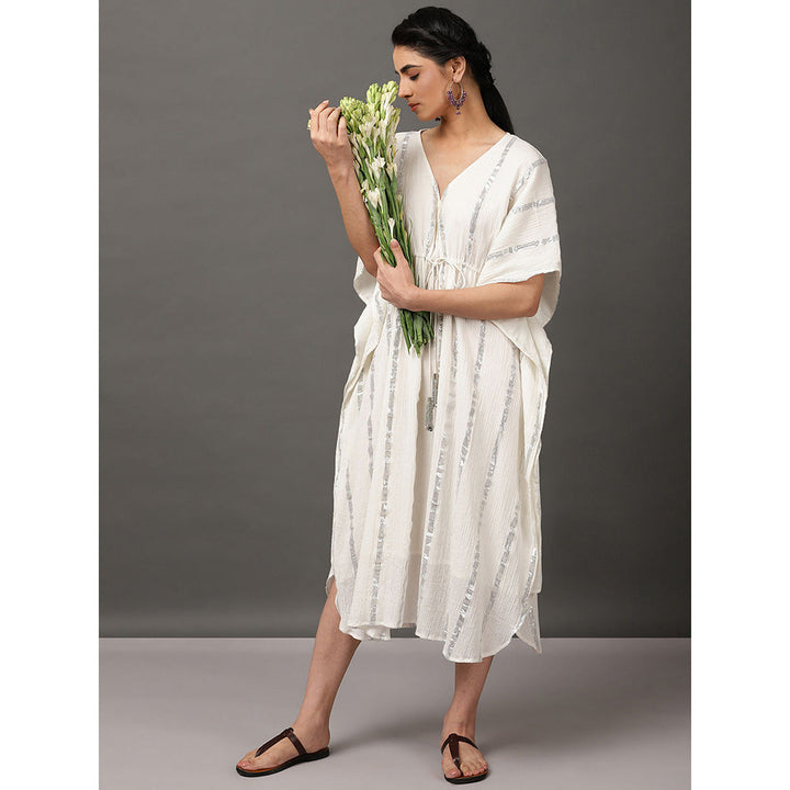 Nuhh Off White Cotton Crepe Kaftan Dress With Silver Lurex Stripe