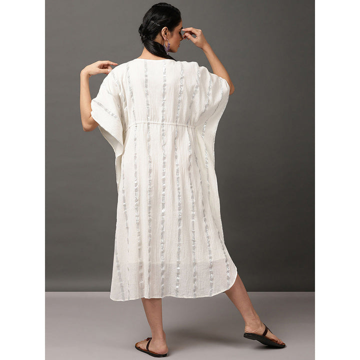 Nuhh Off White Cotton Crepe Kaftan Dress With Silver Lurex Stripe