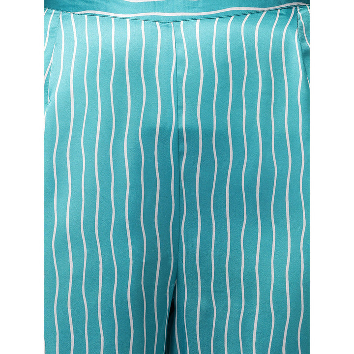 Nuhh Aqua Blue Satin Modal Bandani Kurta With Stripe Pant (Set of 2)