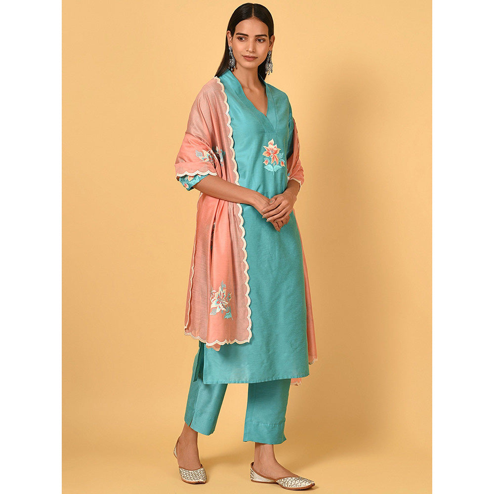 Nuhh Turquoise Polyester Solid Kurta With Pant & Dupatta (Set of 3)