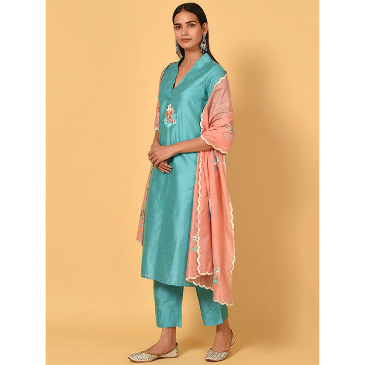 Nuhh Turquoise Polyester Solid Kurta With Pant & Dupatta (Set of 3)
