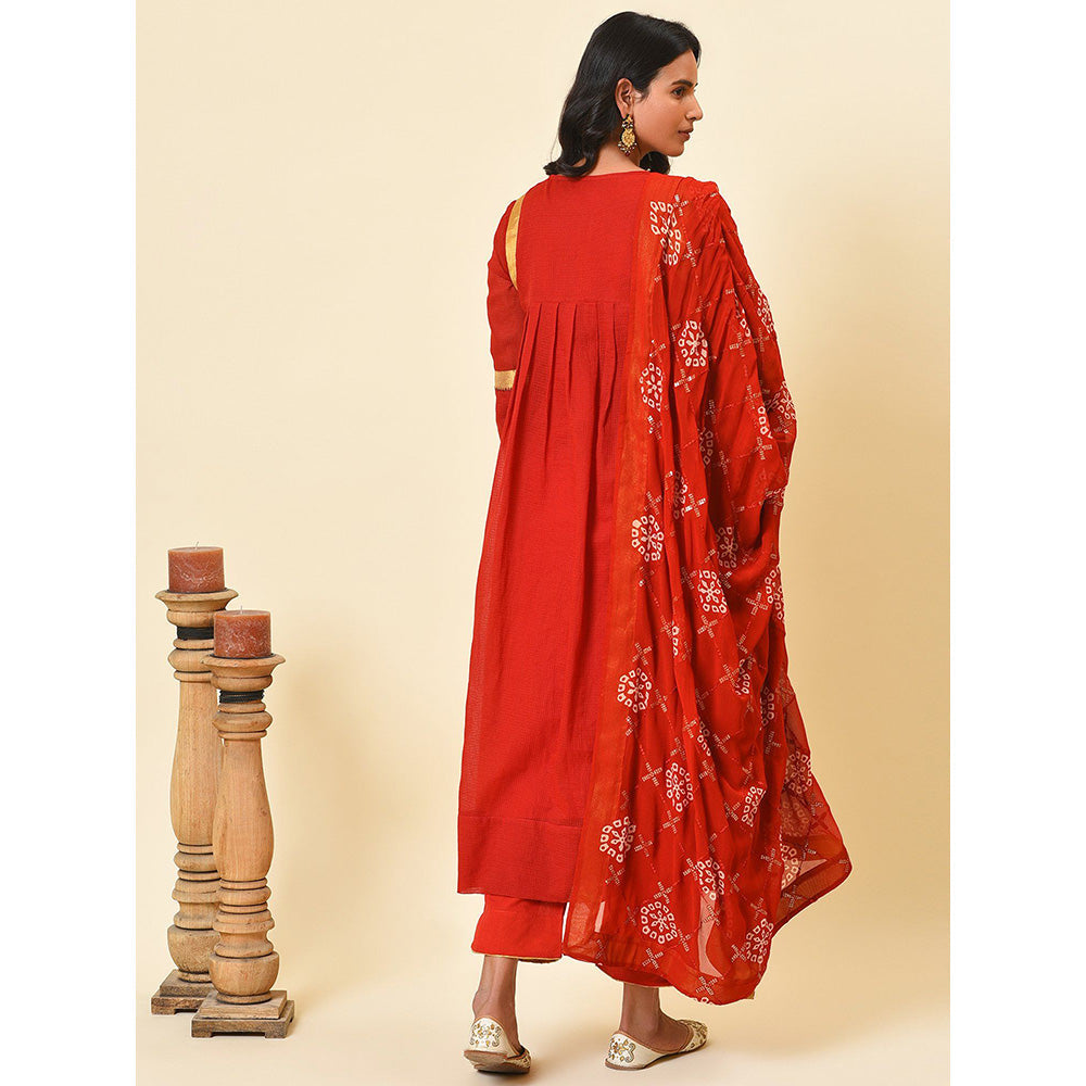 Nuhh Radiant Red and Gold Cotton Kurta and Pant with Georgette Dupatta (Set of 3)