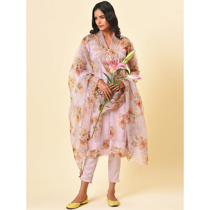 Nuhh Floral Pink & Gold Ensemble Kurta Inner And Pant With Dupatta (Set of 4)