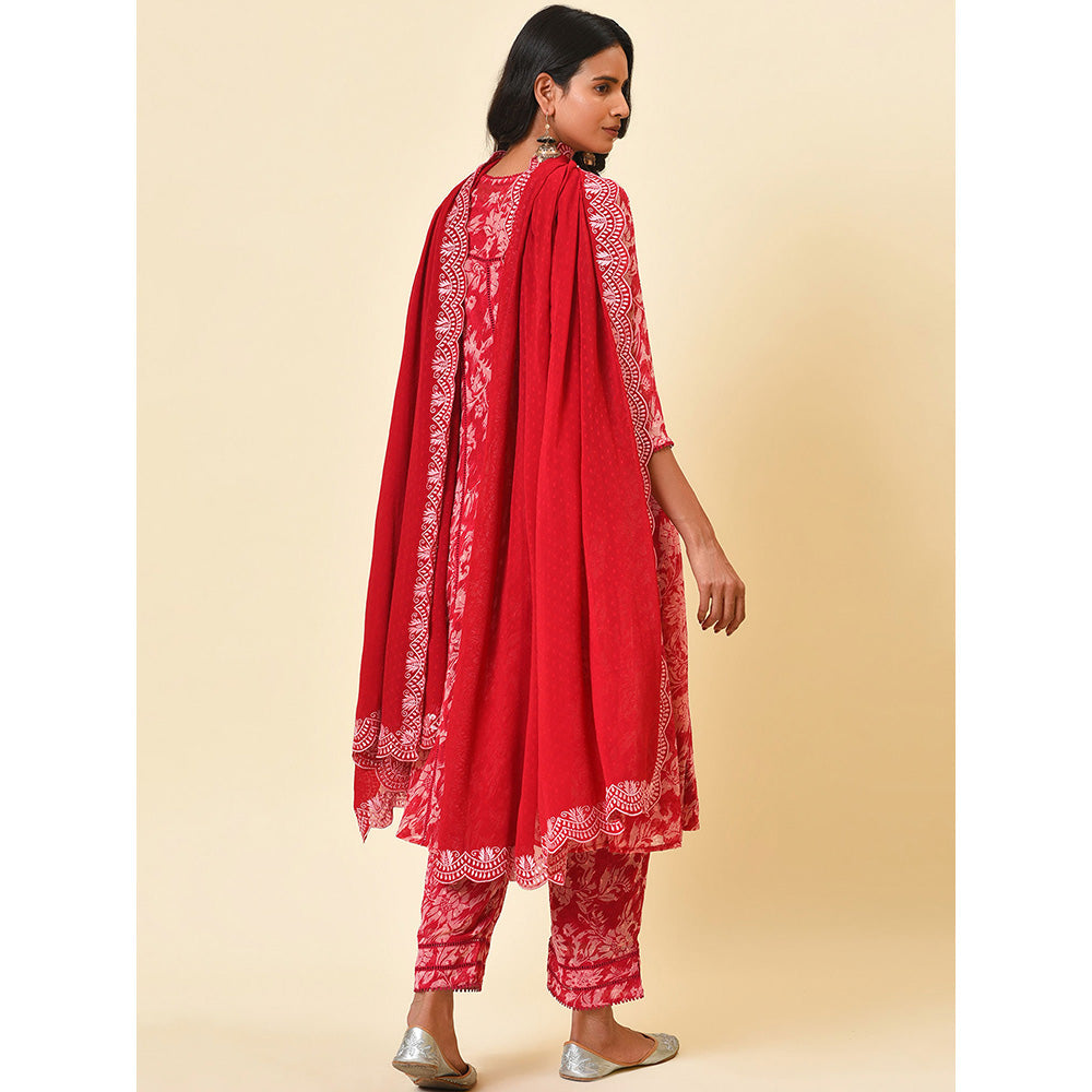 Nuhh Raspberry & Red Printed Kurta Inner And Pant With Dupatta (Set of 4)