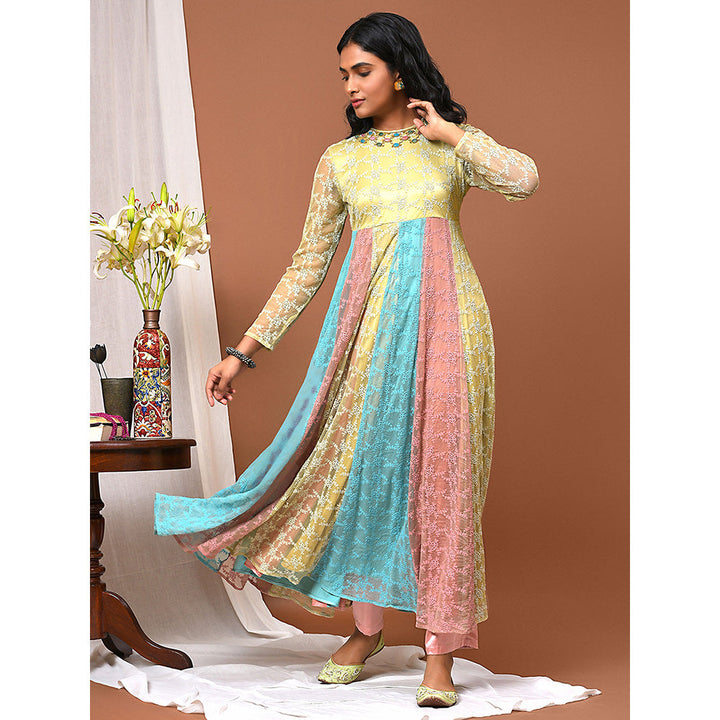 NUHH Summer Tulle Collage Kurta and Pant Set (Set of 3)