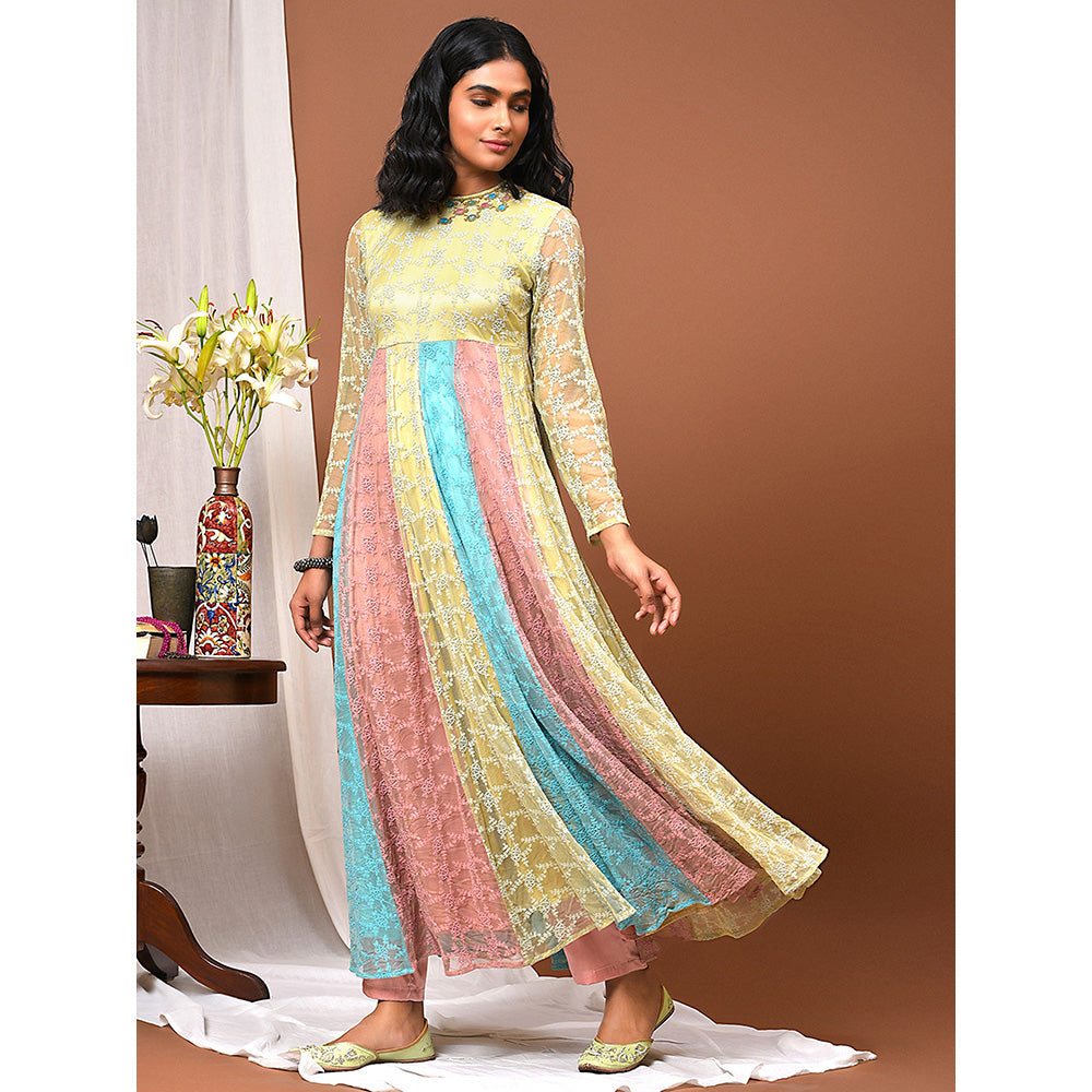 NUHH Summer Tulle Collage Kurta and Pant Set (Set of 3)