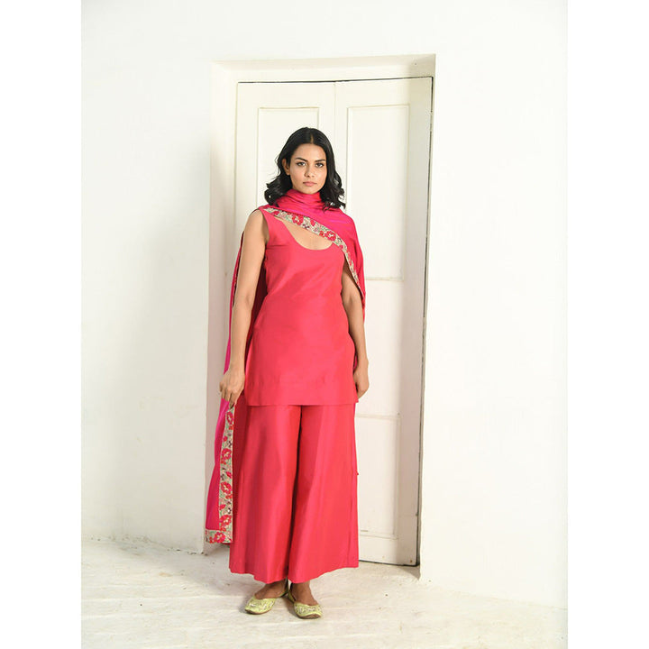 NUHH Rani Pink Short Kurta with Palazzo & Dupatta (Set of 3)