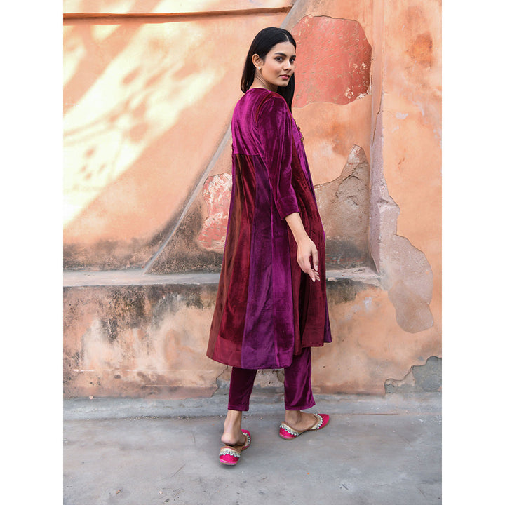 NUHH Purple Colorblock Sequined Anarkali Kurta and Pant (Set of 2)
