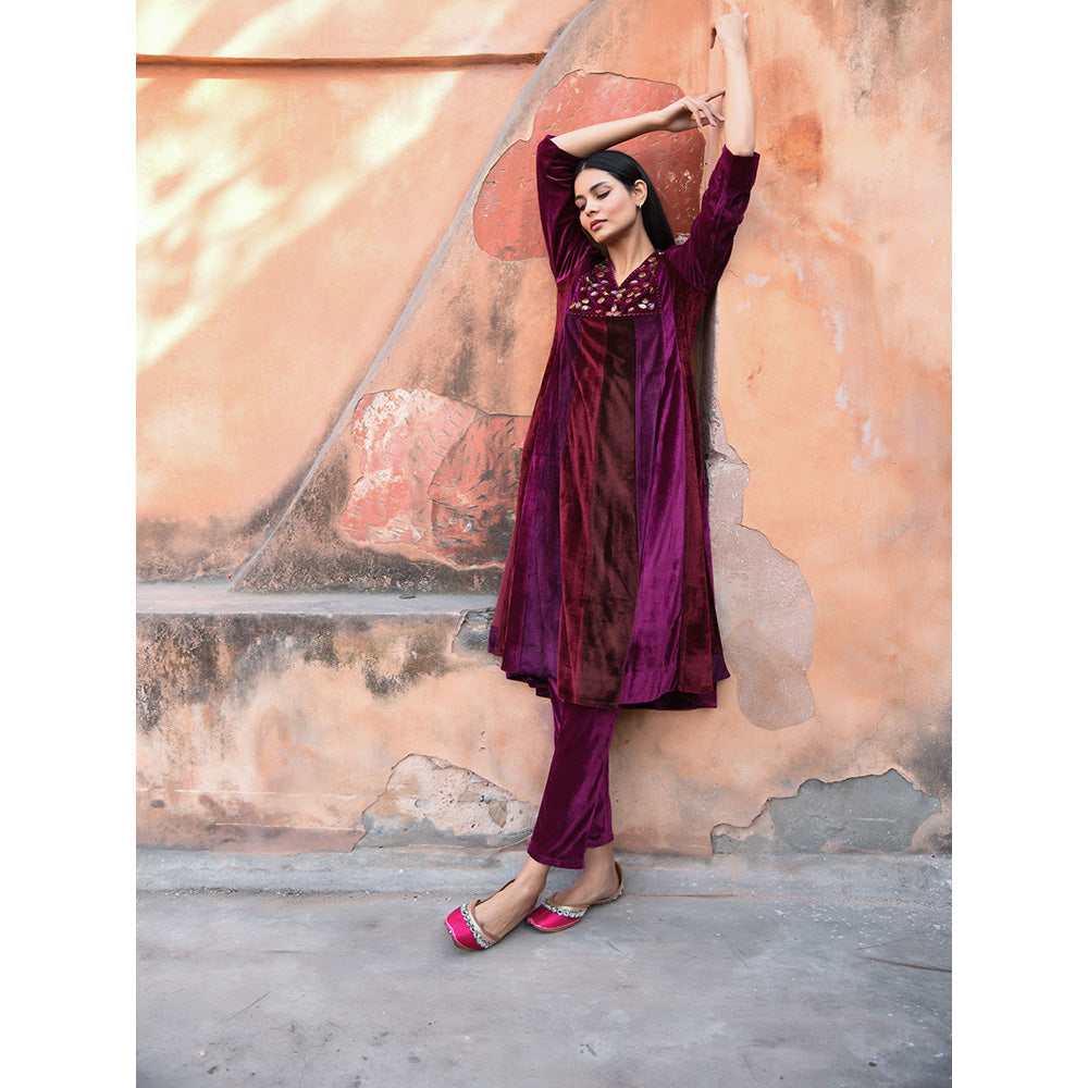 NUHH Purple Colorblock Sequined Anarkali Kurta and Pant (Set of 2)