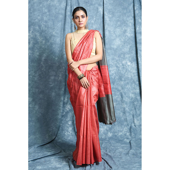 CHARUKRITI Red Gheecha Saree With Unstitched Blouse