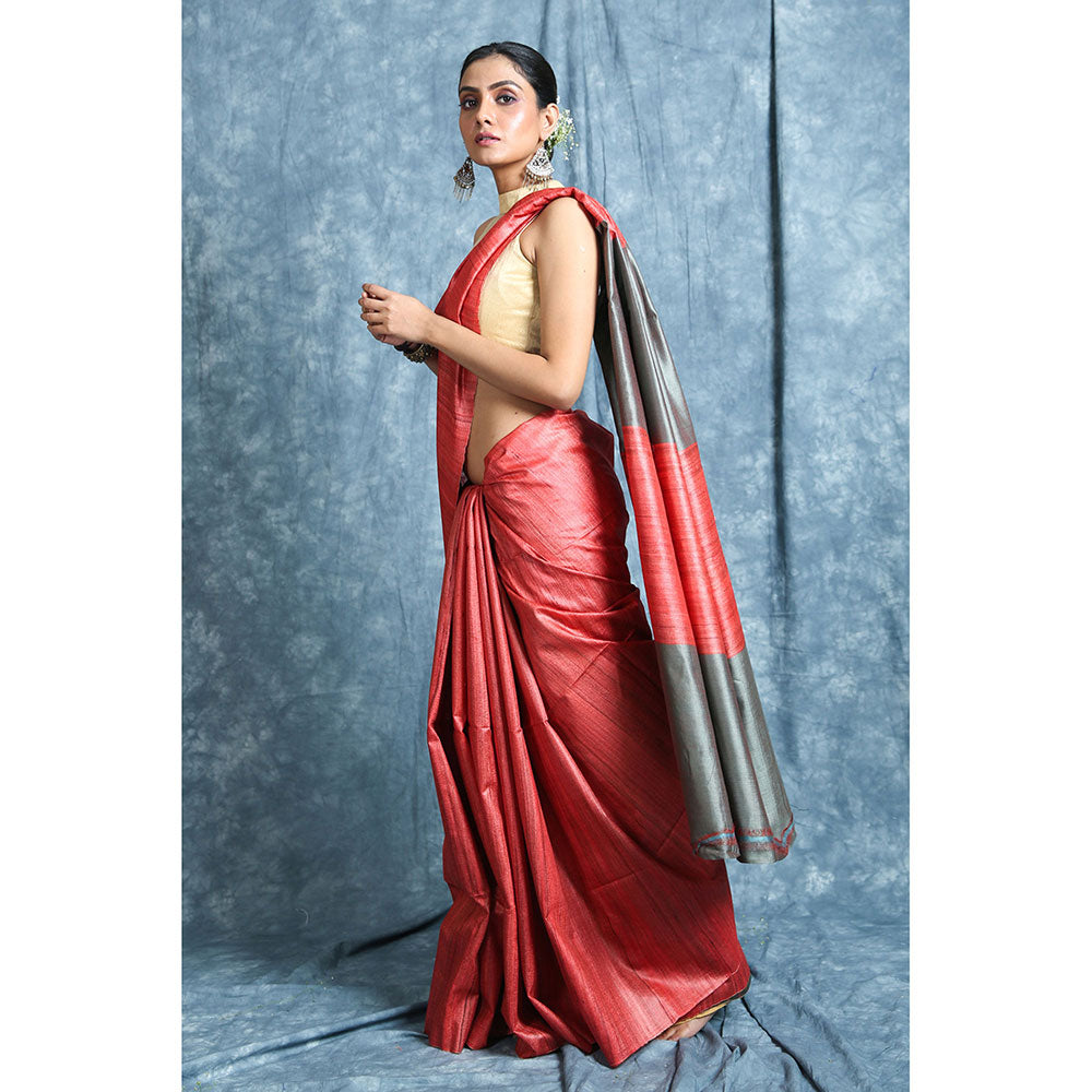 CHARUKRITI Red Gheecha Saree With Unstitched Blouse