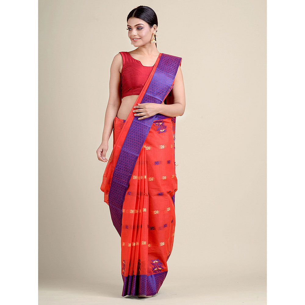 CHARUKRITI Red Tant Saree With All-over Butta Without Blouse