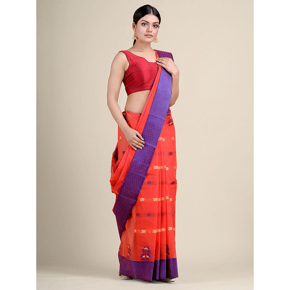 CHARUKRITI Red Tant Saree With All-over Butta Without Blouse