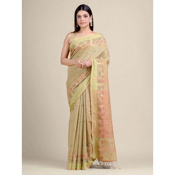 CHARUKRITI Beige Handwoven Blended Cotton Zari Weaving Saree With Un-Stitched Blouse