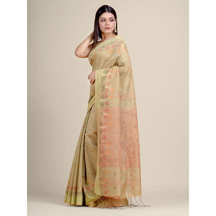 CHARUKRITI Beige Handwoven Blended Cotton Zari Weaving Saree With Un-Stitched Blouse