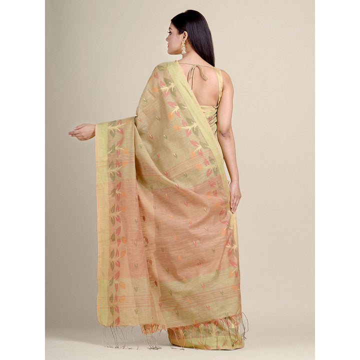 CHARUKRITI Beige Handwoven Blended Cotton Zari Weaving Saree With Un-Stitched Blouse