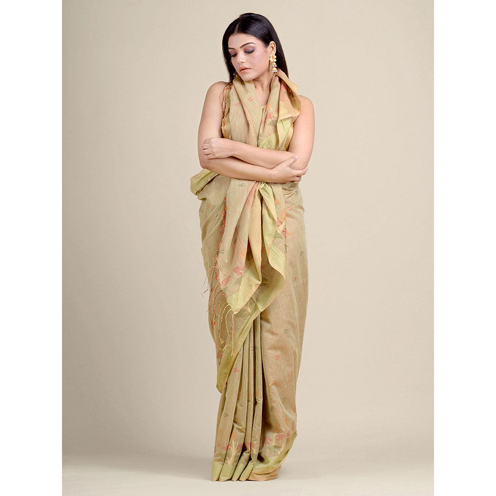 CHARUKRITI Beige Handwoven Blended Cotton Zari Weaving Saree With Un-Stitched Blouse