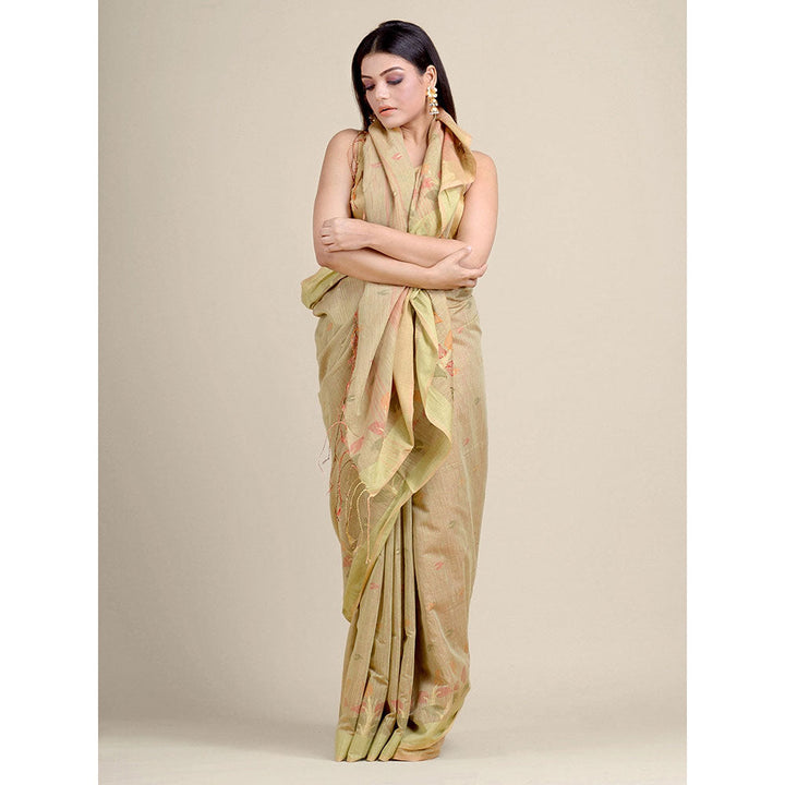 CHARUKRITI Beige Handwoven Blended Cotton Zari Weaving Saree With Un-Stitched Blouse