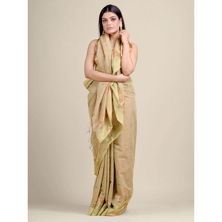 CHARUKRITI Beige Handwoven Blended Cotton Zari Weaving Saree With Un-Stitched Blouse