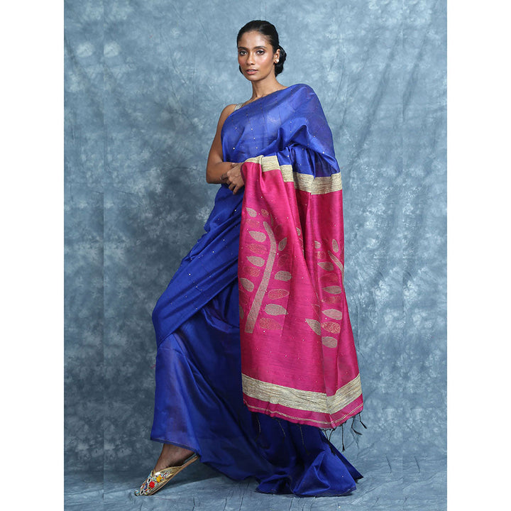 CHARUKRITI Royal Blue Sequine Saree With Rich Pallu With Unstitched Blouse