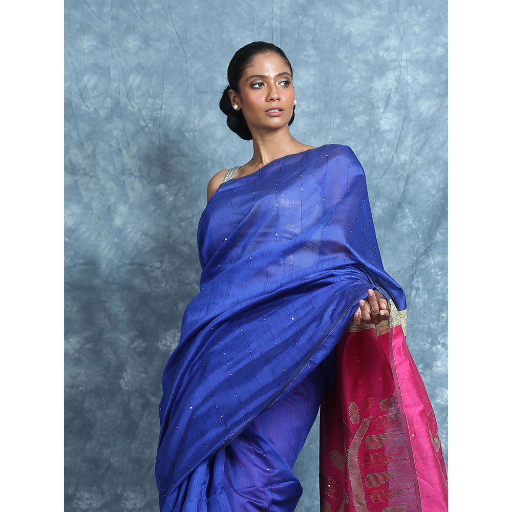 CHARUKRITI Royal Blue Sequine Saree With Rich Pallu With Unstitched Blouse