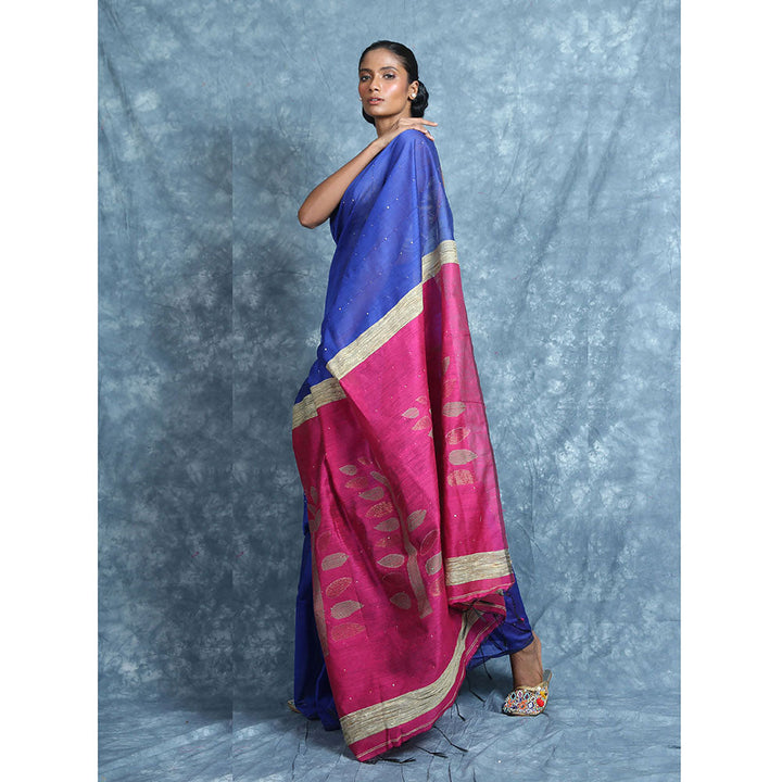 CHARUKRITI Royal Blue Sequine Saree With Rich Pallu With Unstitched Blouse