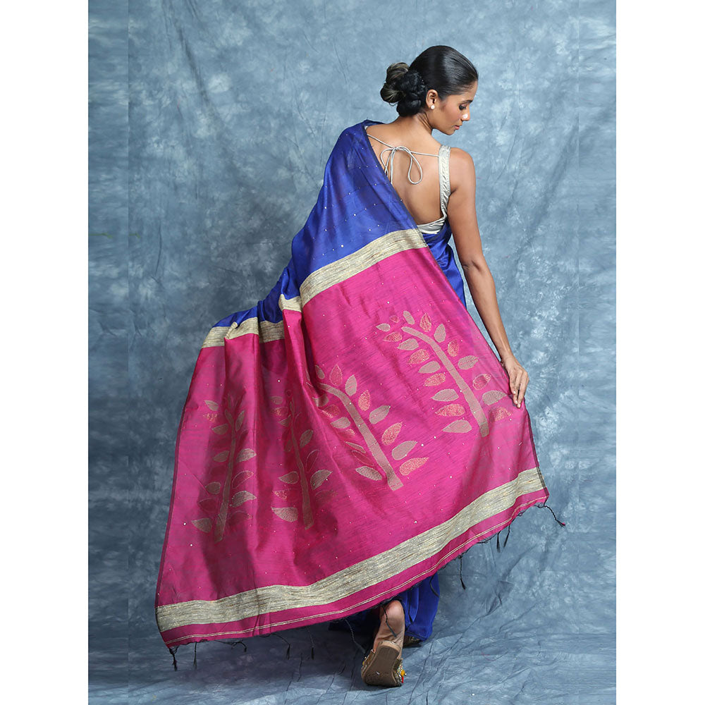 CHARUKRITI Royal Blue Sequine Saree With Rich Pallu With Unstitched Blouse