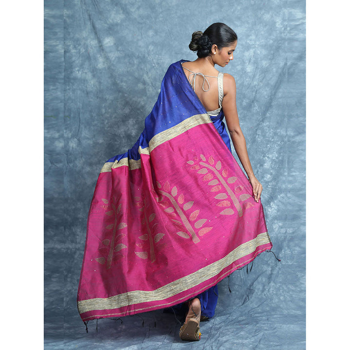 CHARUKRITI Royal Blue Sequine Saree With Rich Pallu With Unstitched Blouse