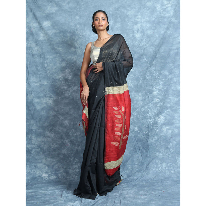 CHARUKRITI Black Sequine Saree With Rich Pallu With Unstitched Blouse