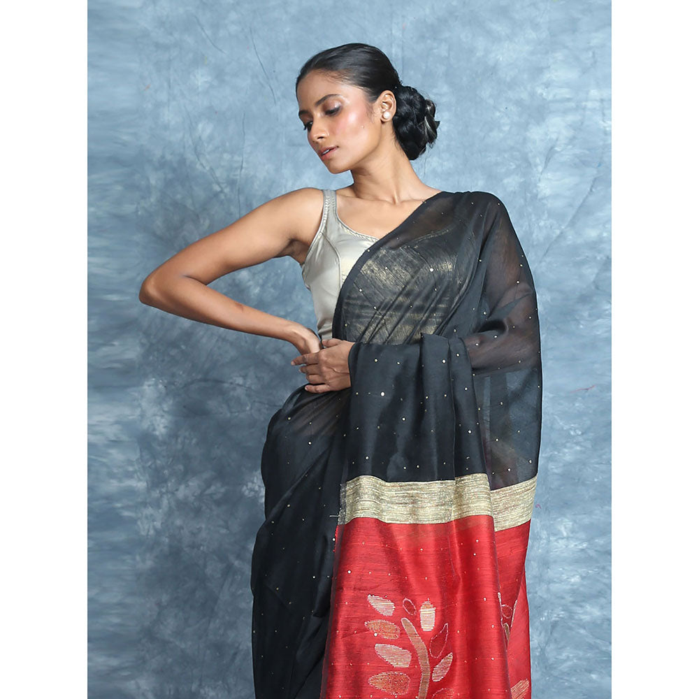 CHARUKRITI Black Sequine Saree With Rich Pallu With Unstitched Blouse