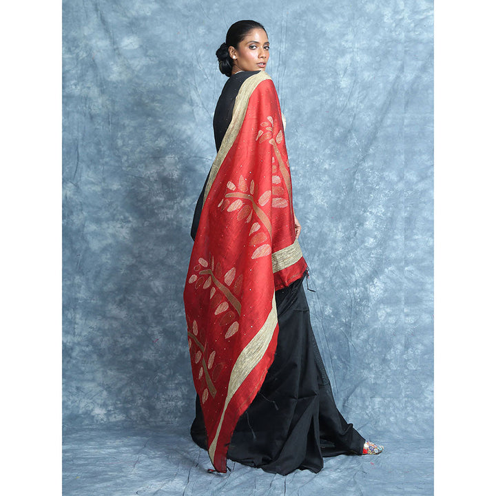 CHARUKRITI Black Sequine Saree With Rich Pallu With Unstitched Blouse