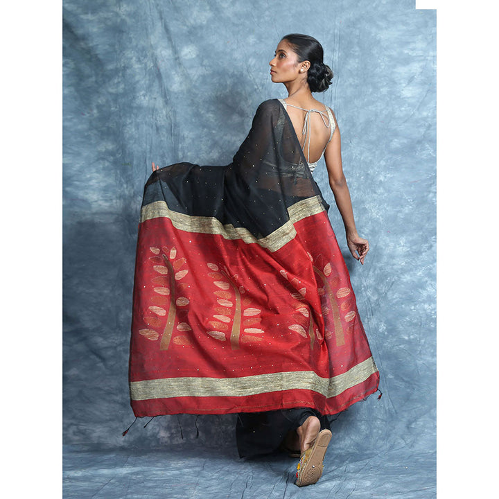 CHARUKRITI Black Sequine Saree With Rich Pallu With Unstitched Blouse