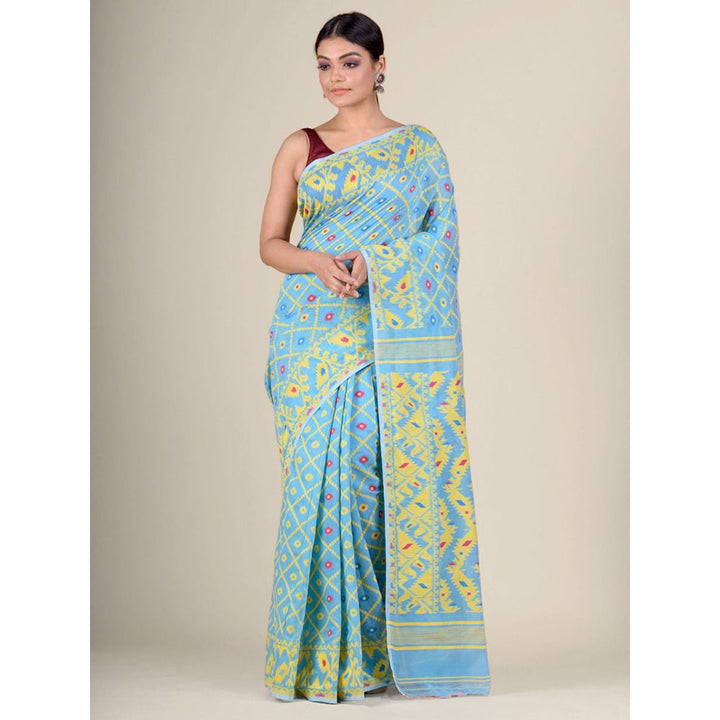 CHARUKRITI Sky Blue Hand Woven Soft Blended Cotton Jamdani Saree without Blouse