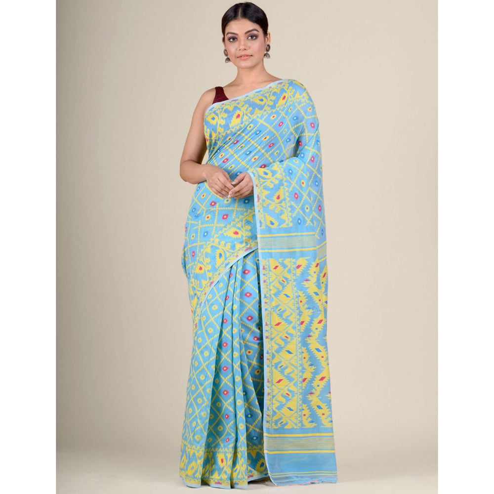 CHARUKRITI Sky Blue Hand Woven Soft Blended Cotton Jamdani Saree without Blouse