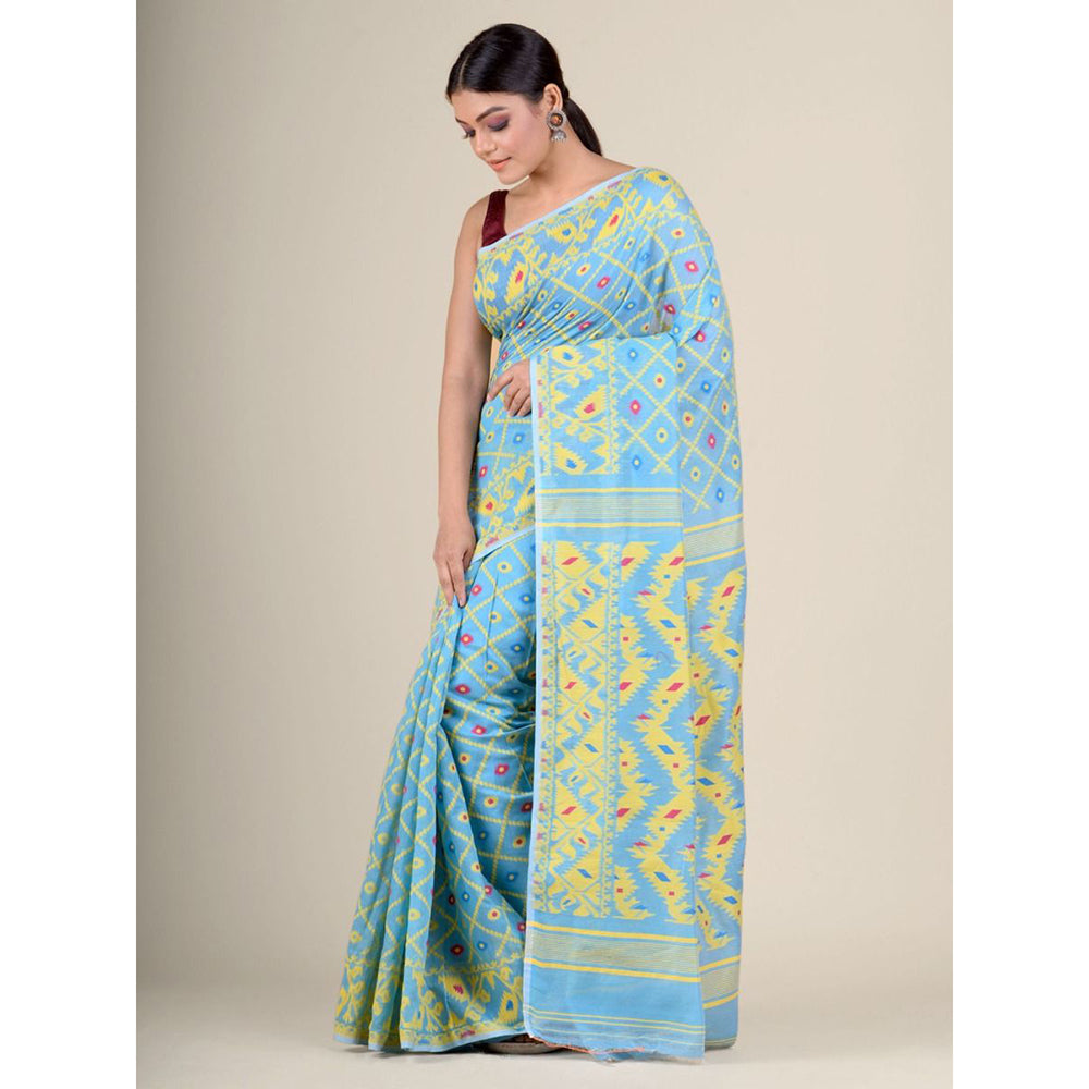 CHARUKRITI Sky Blue Hand Woven Soft Blended Cotton Jamdani Saree without Blouse