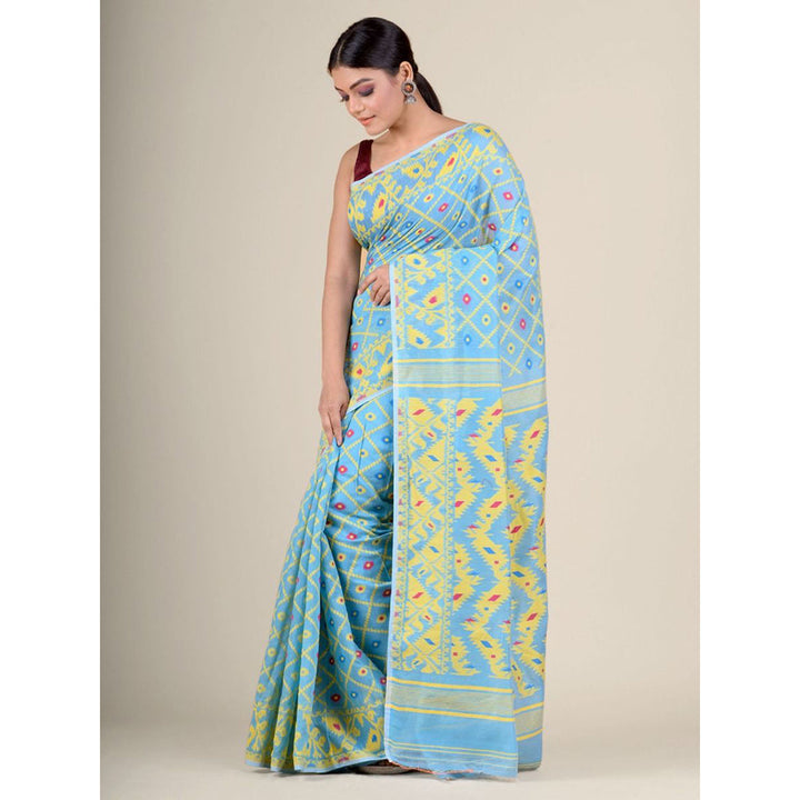 CHARUKRITI Sky Blue Hand Woven Soft Blended Cotton Jamdani Saree without Blouse