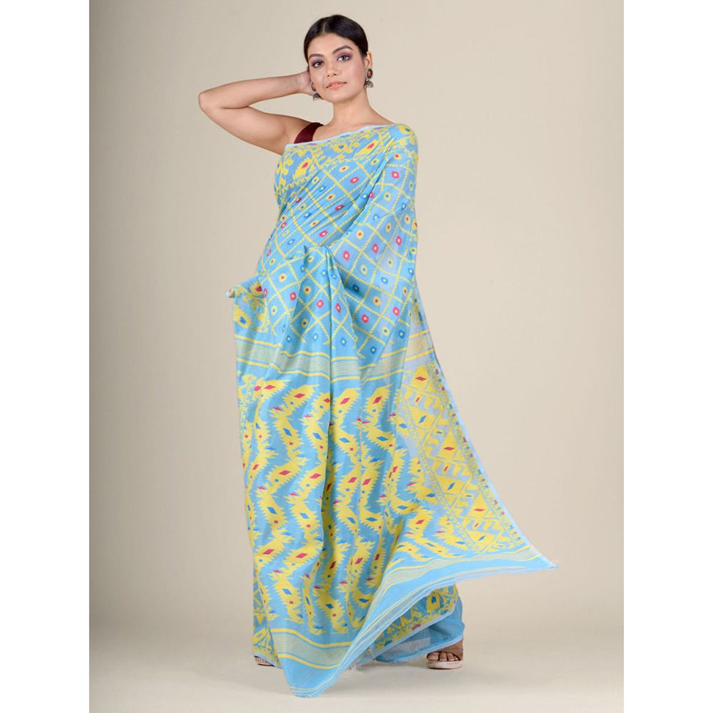 CHARUKRITI Sky Blue Hand Woven Soft Blended Cotton Jamdani Saree without Blouse