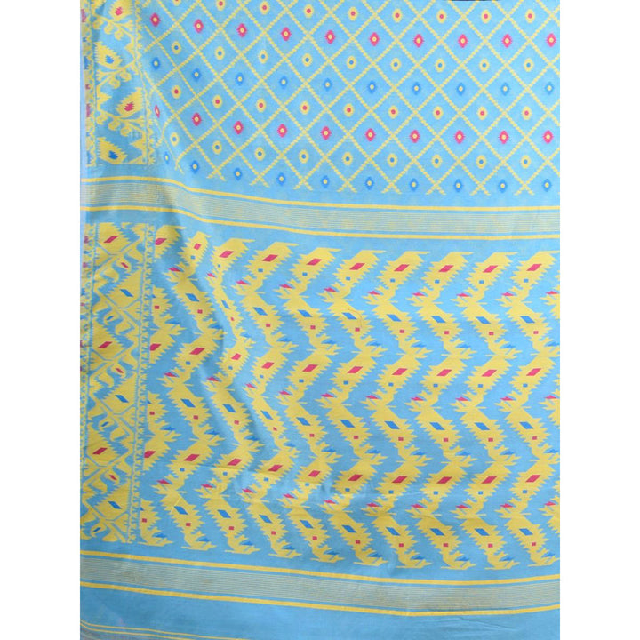 CHARUKRITI Sky Blue Hand Woven Soft Blended Cotton Jamdani Saree without Blouse