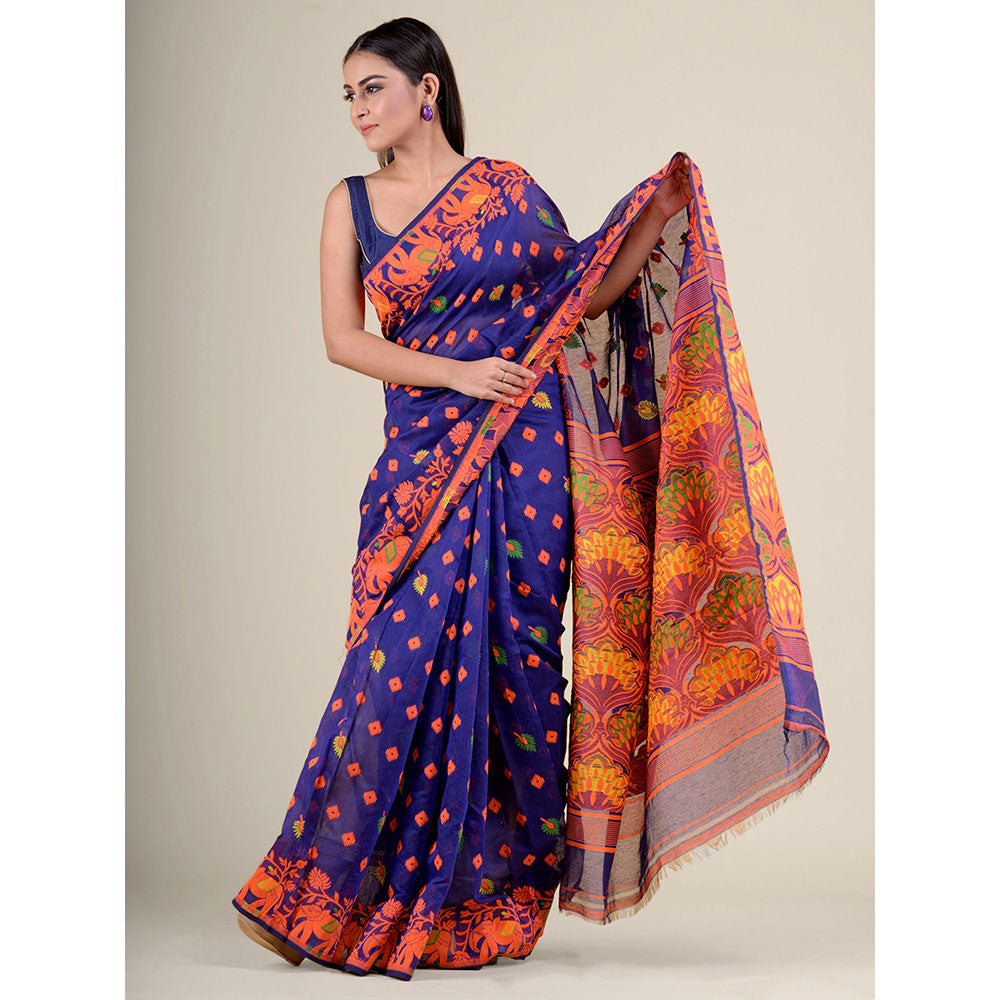 CHARUKRITI Blue Hand Woven Soft Blended Cotton Jamdani Saree without Blouse