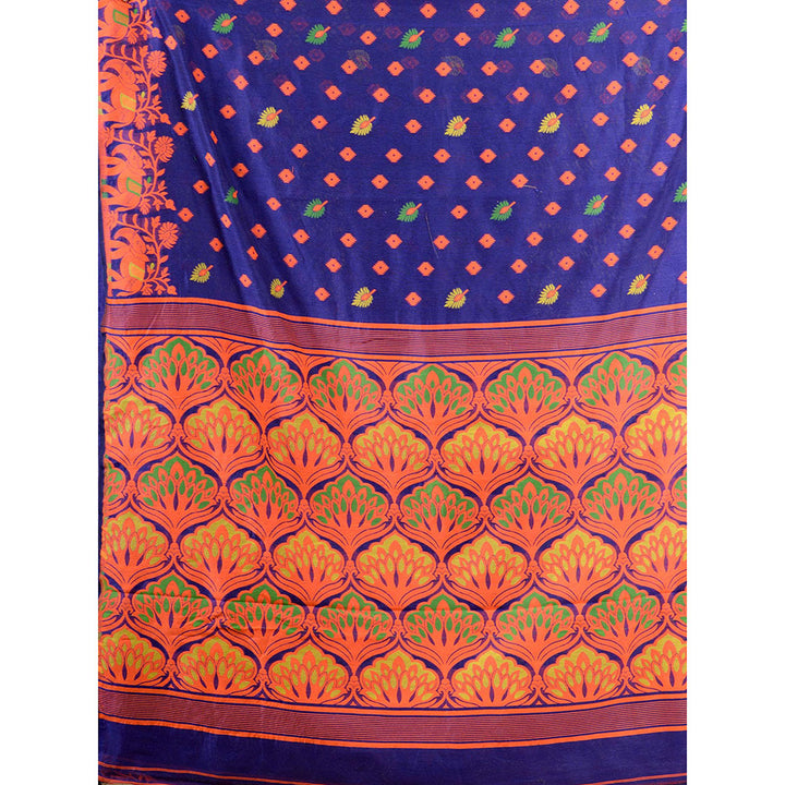 CHARUKRITI Blue Hand Woven Soft Blended Cotton Jamdani Saree without Blouse