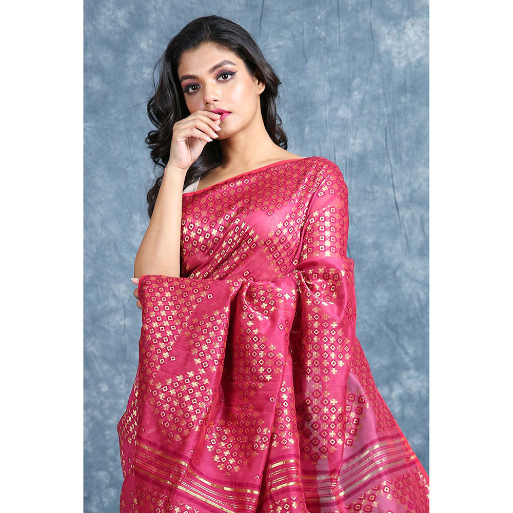 CHARUKRITI Geometrics Weaving Magenta Jamdani Saree