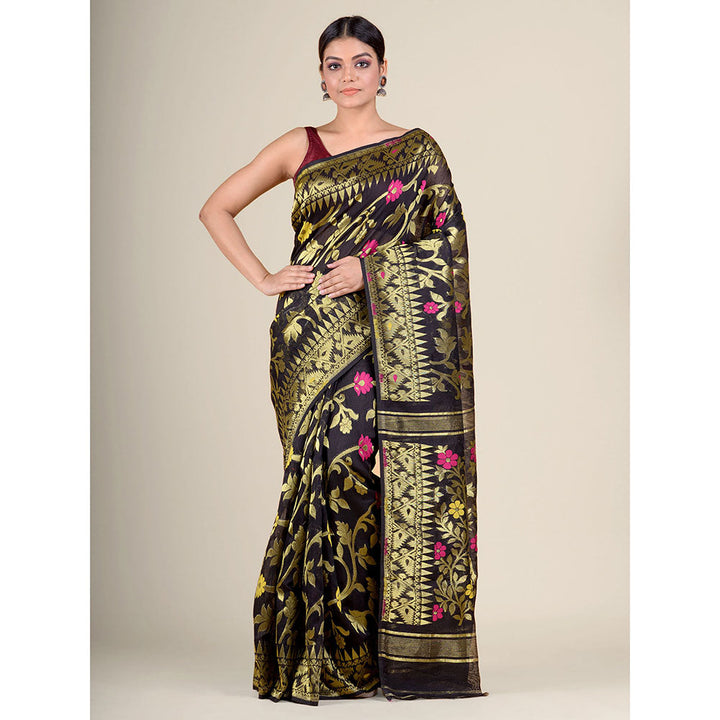 CHARUKRITI Black Silk Cotton Handwoven Soft Jamdani Saree without Blouse