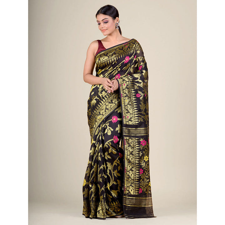 CHARUKRITI Black Silk Cotton Handwoven Soft Jamdani Saree without Blouse