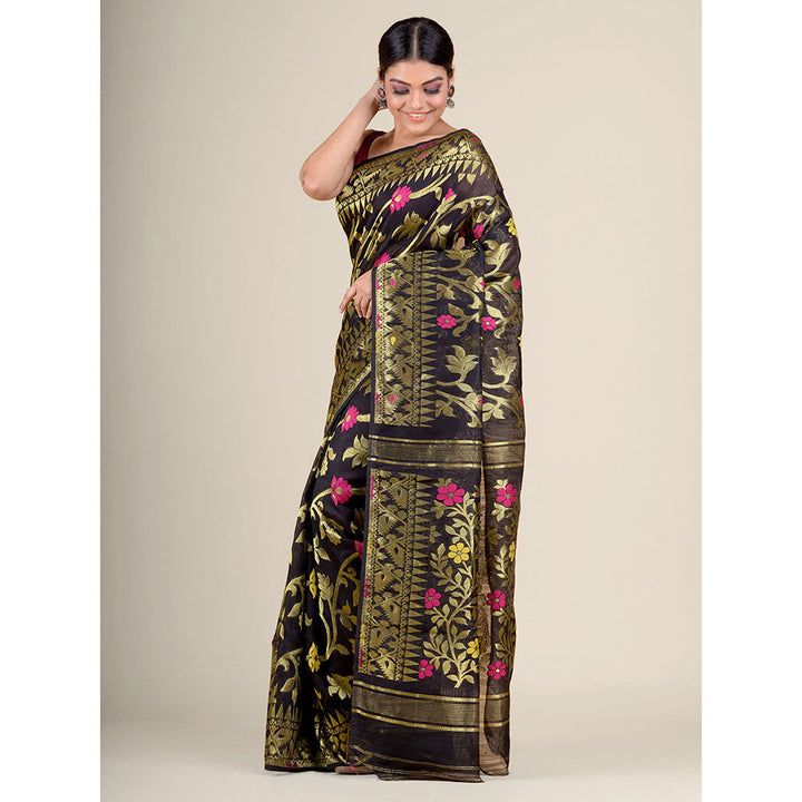 CHARUKRITI Black Silk Cotton Handwoven Soft Jamdani Saree without Blouse