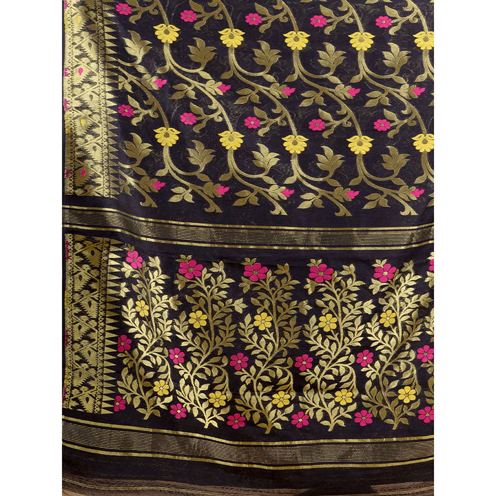 CHARUKRITI Black Silk Cotton Handwoven Soft Jamdani Saree without Blouse