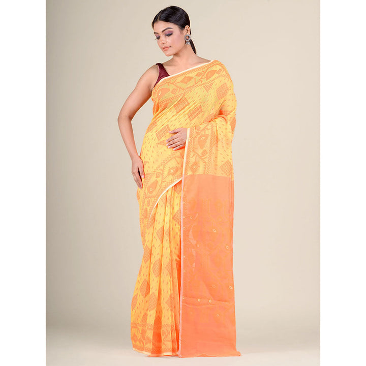 CHARUKRITI Yellow Handwoven Soft Jamdani Saree without Blouse