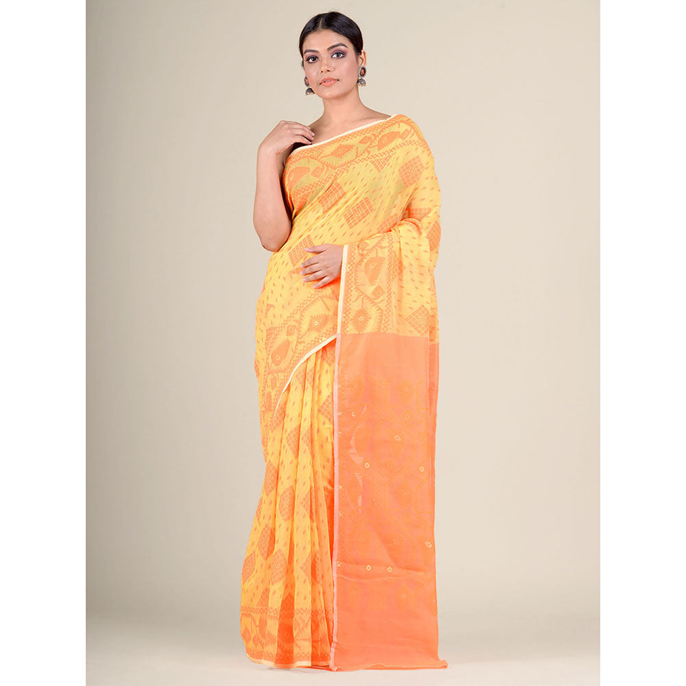 CHARUKRITI Yellow Handwoven Soft Jamdani Saree without Blouse