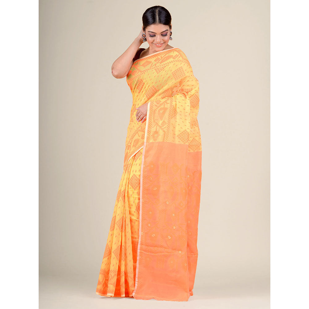 CHARUKRITI Yellow Handwoven Soft Jamdani Saree without Blouse